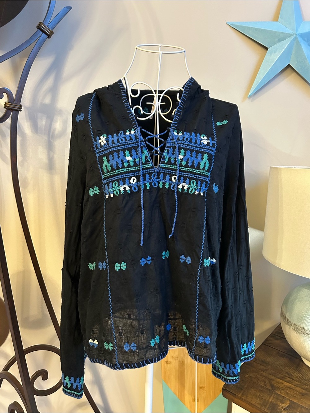 Free People Black Hooded Tunic with Blue & Teal Embroidery